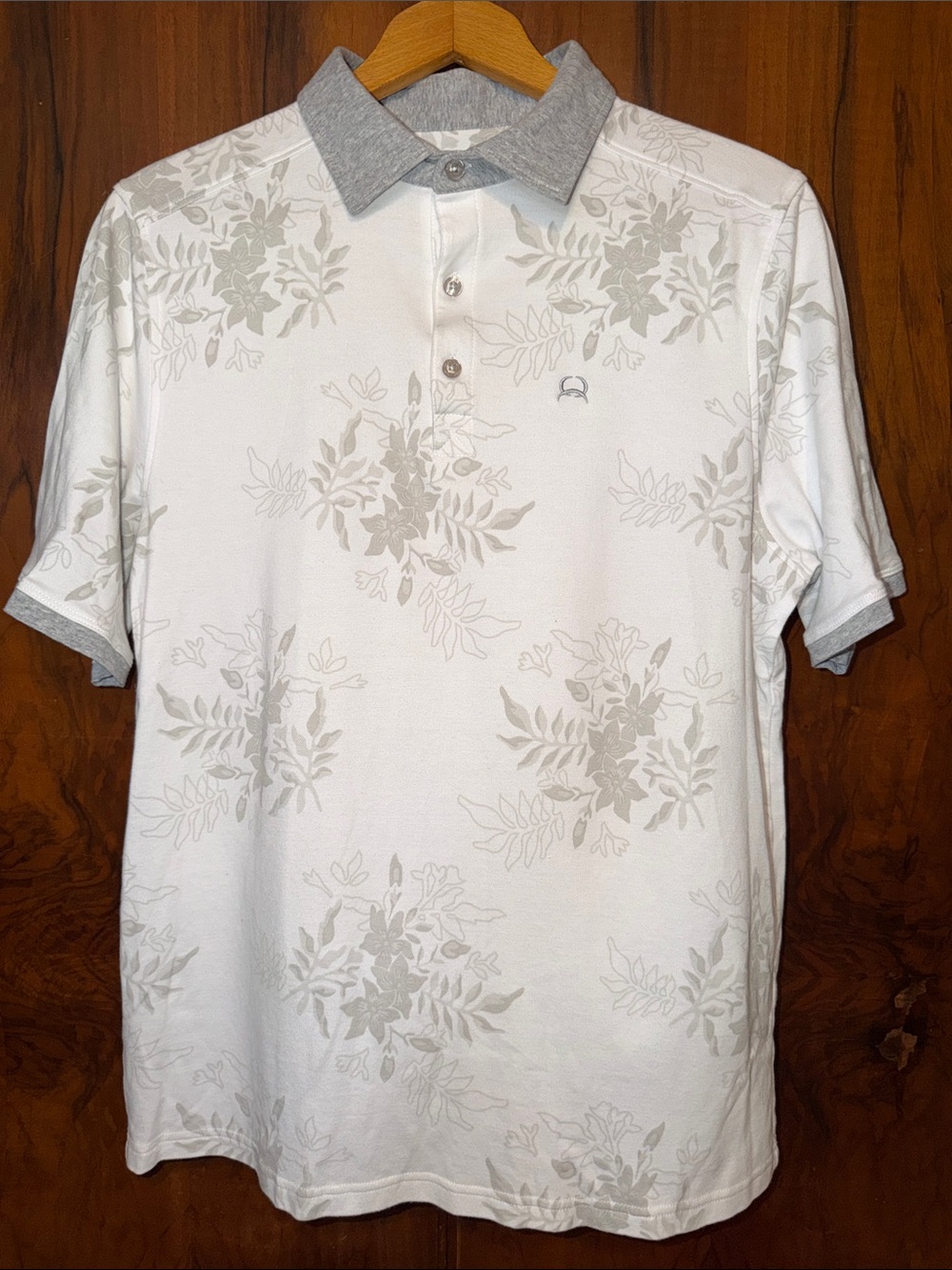Cinch White Polo with Light Gray Floral Print and Gray Trim